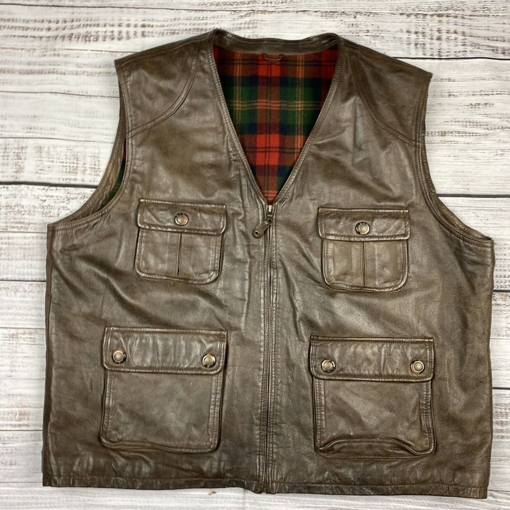 VTG Casual Club Leather Vest Plaid Lined Men XL Zip Up Dark Brown Safari Western